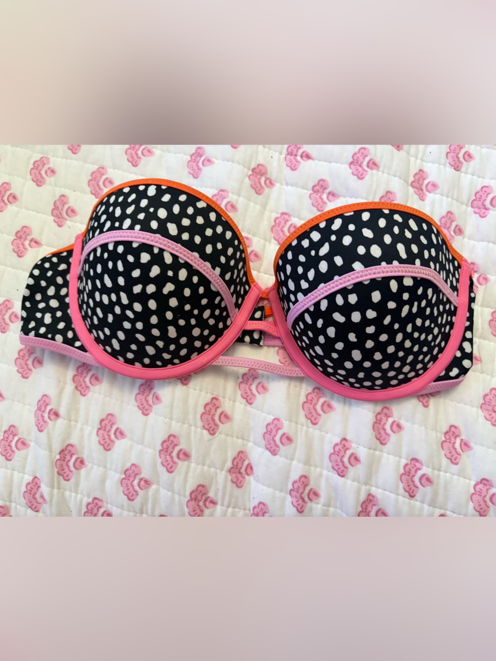 Victoria's Secret Black & White Polka Dot Strapless Bra with Pink Trim. Size 34C